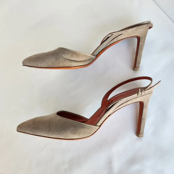 Santoni pumps women's slingback sz 8 Eu38 suede tan shoes stiletto point toe - Picture 2 of 16